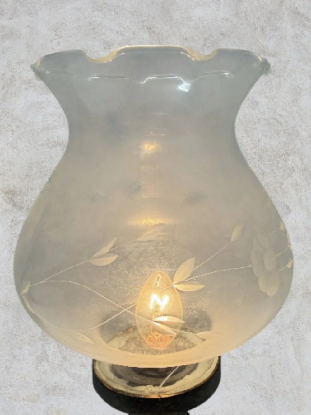 HURRICANE LAMP -- Etched Glass Shade, Crackle Glass Base, Electric, Vintage